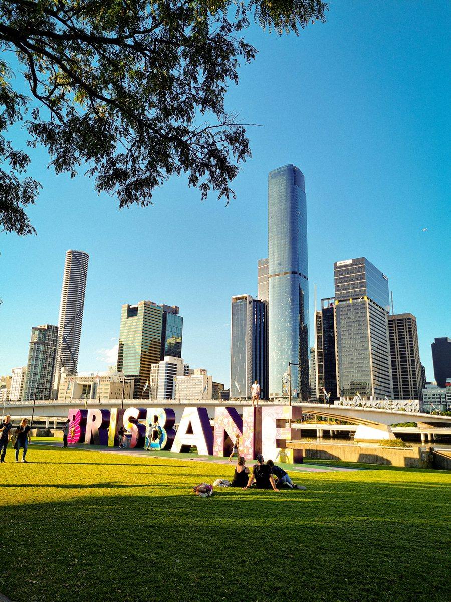South Bank parklands in Brisbane, with the city skyline behind